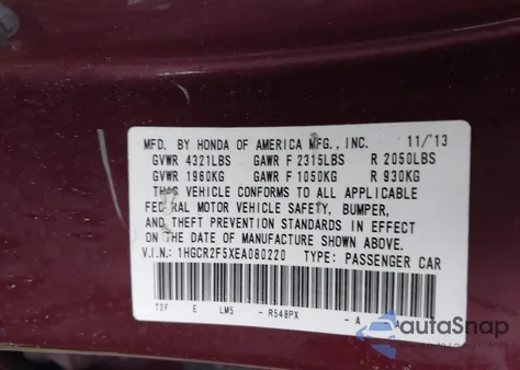 2014 Honda Accord Sport from USA, damaged, VIN 1HGCR2F5XEA080220